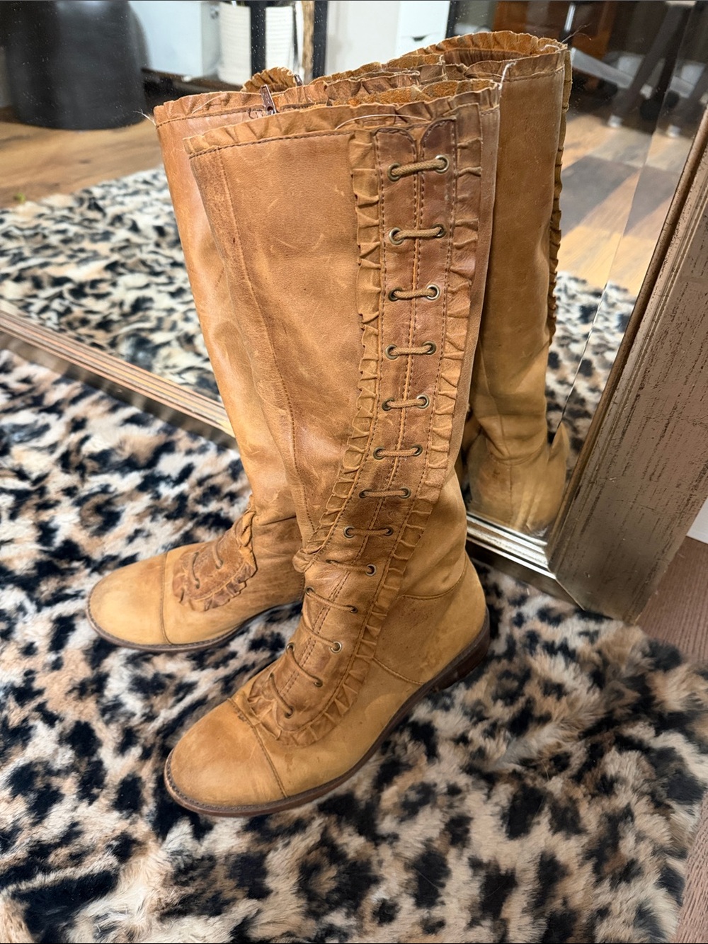 Leather Lace-Front Tall Zipper Boots in Tan Size 8 Made in Brazil